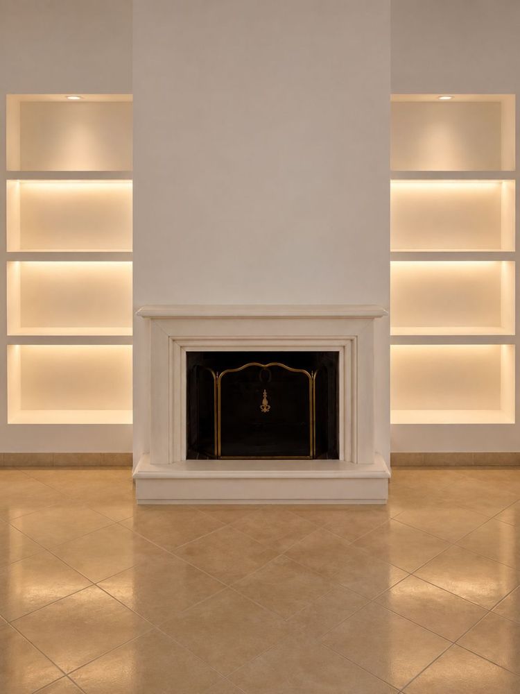 Marble fireplace with lit niches