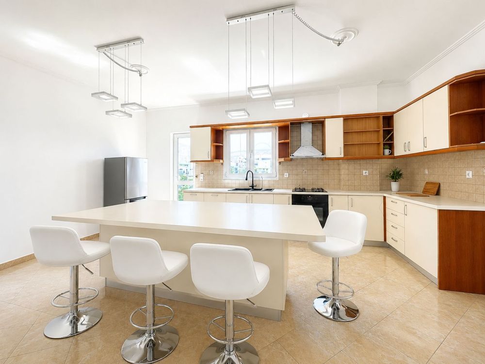 Kitchen with island and bar stools